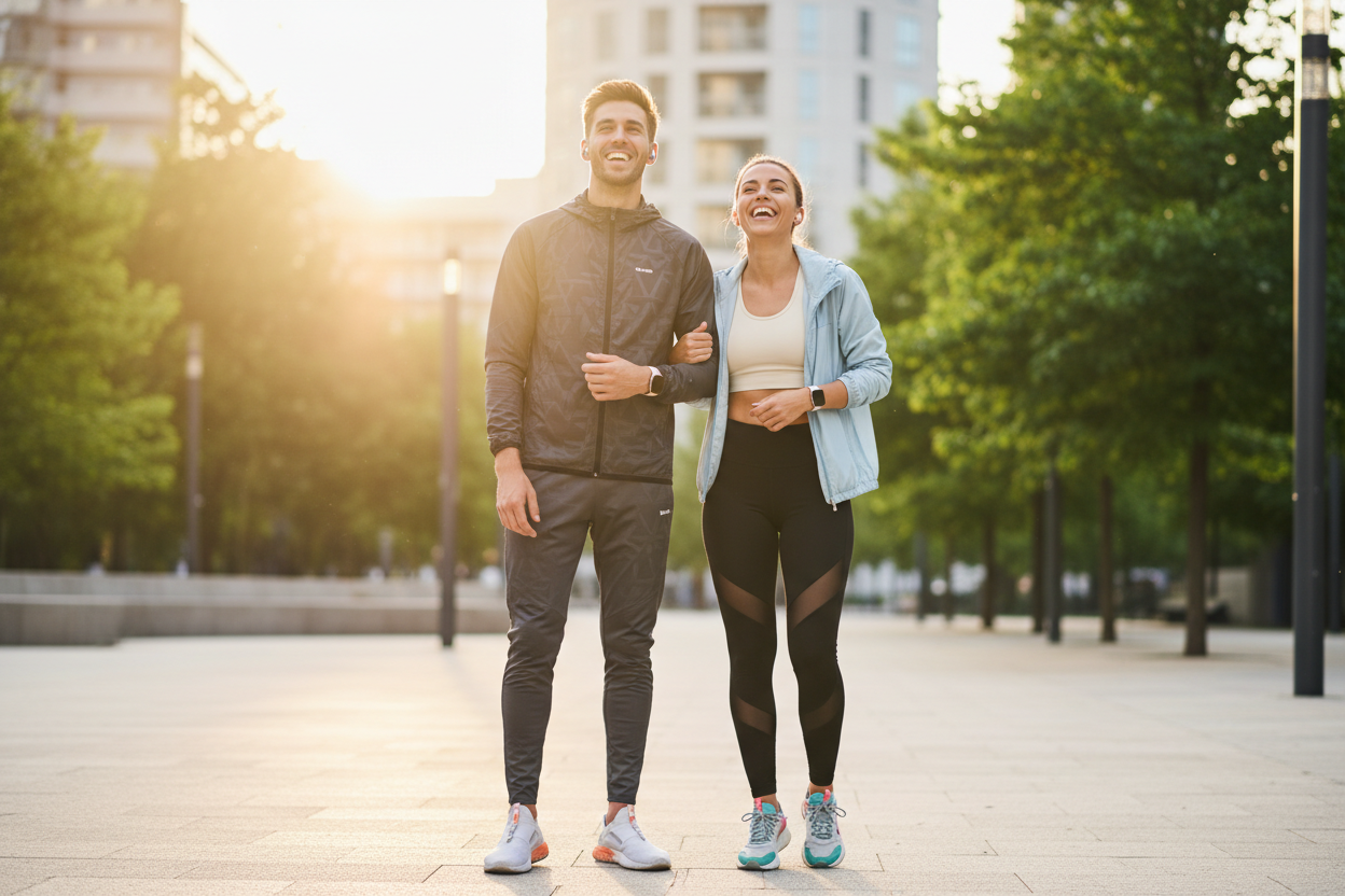 GERE A IMAGEM DE UM CASAL BEM VESTIDO COM ROUPAS ESPORTIVAS FELIZES